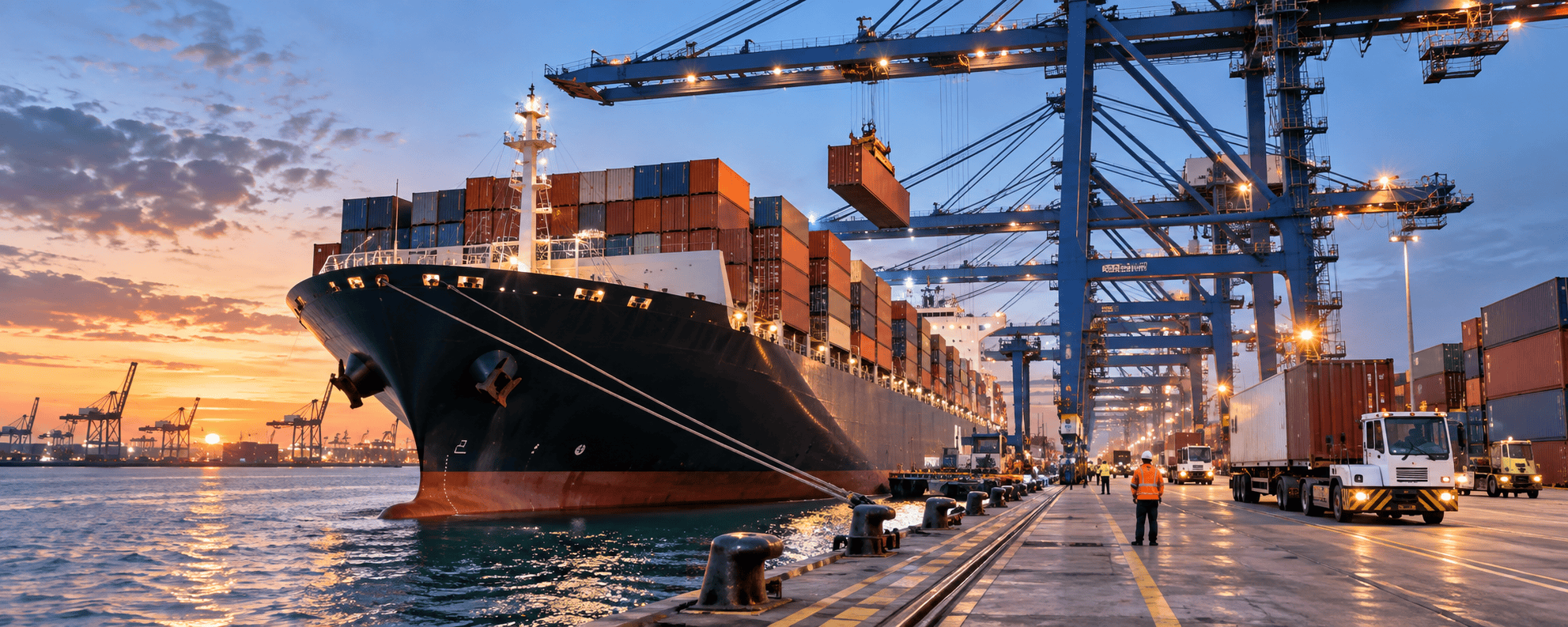 Cargo ship with containers at port during sunset with cranes and workers.