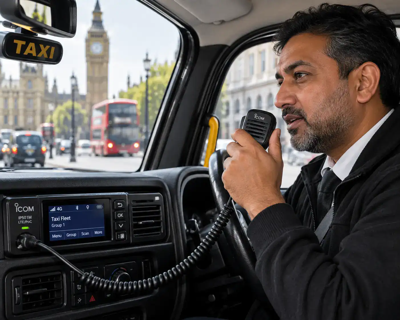 taxi driver on radio Taxi driver using DCS 2 Way Radio in London with Big Ben in background.