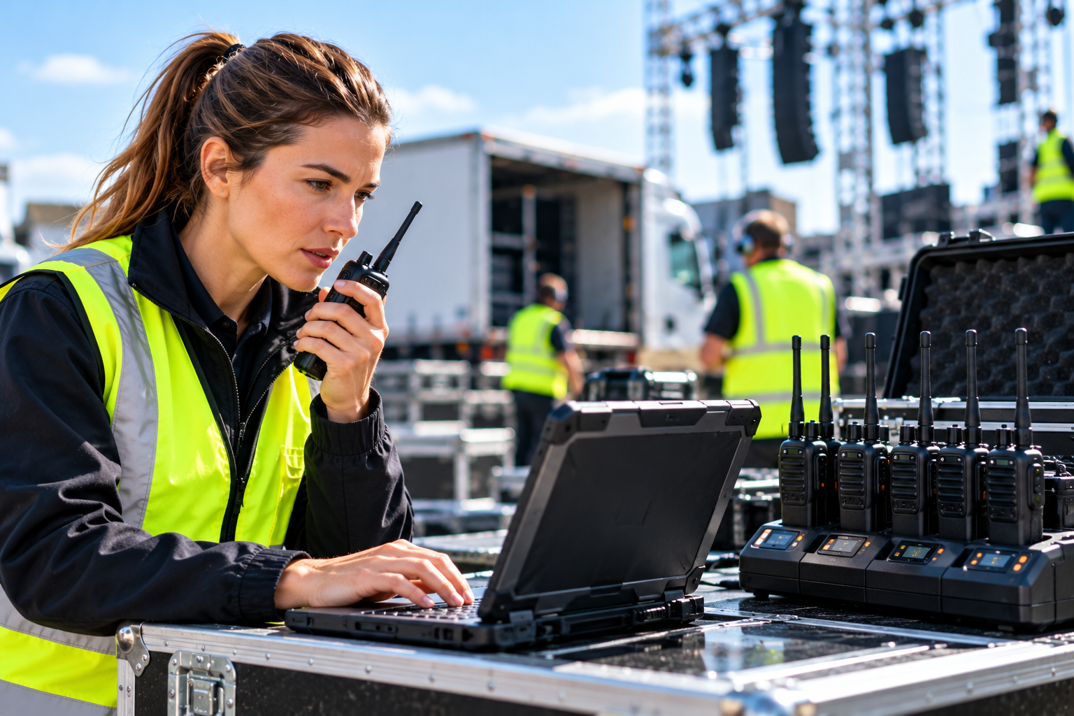 Modern two-way radio equipment being used by an event crew