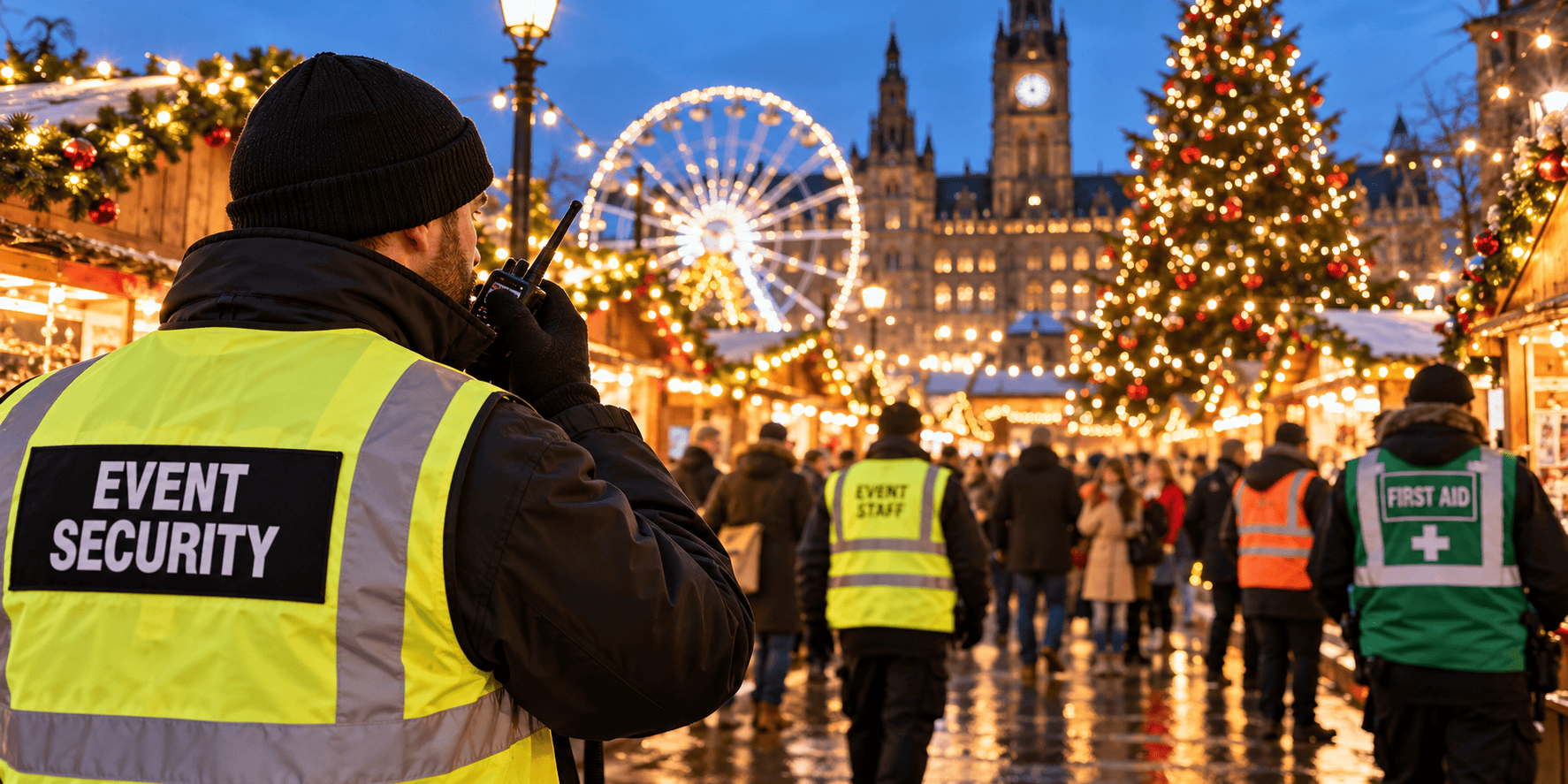 Event security staff using two-way radios at Christmas market.